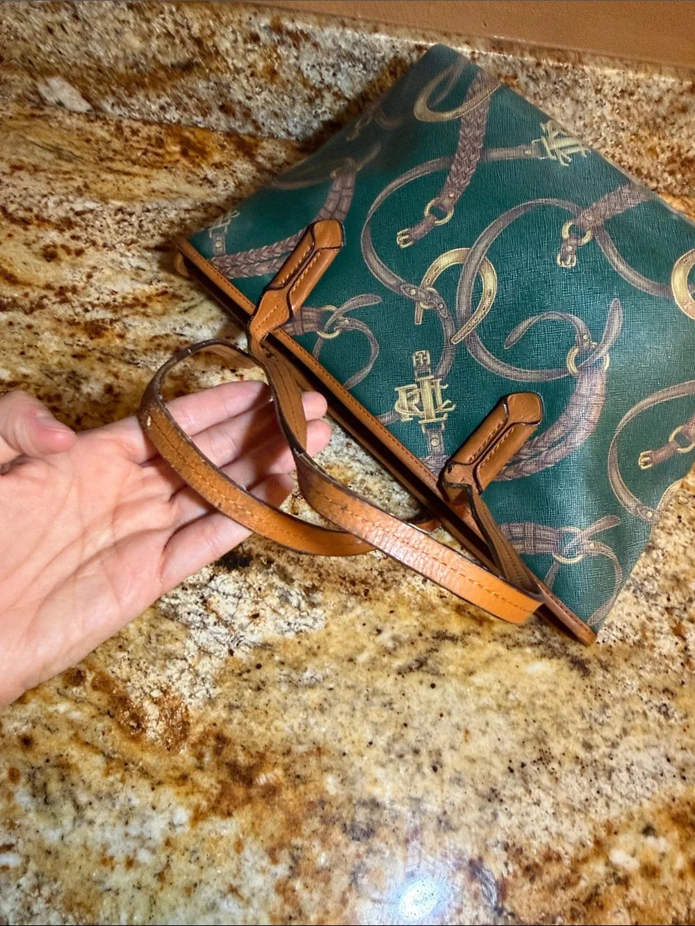 Ralph Lauren Green Printed Tote Bag with Tan Trim